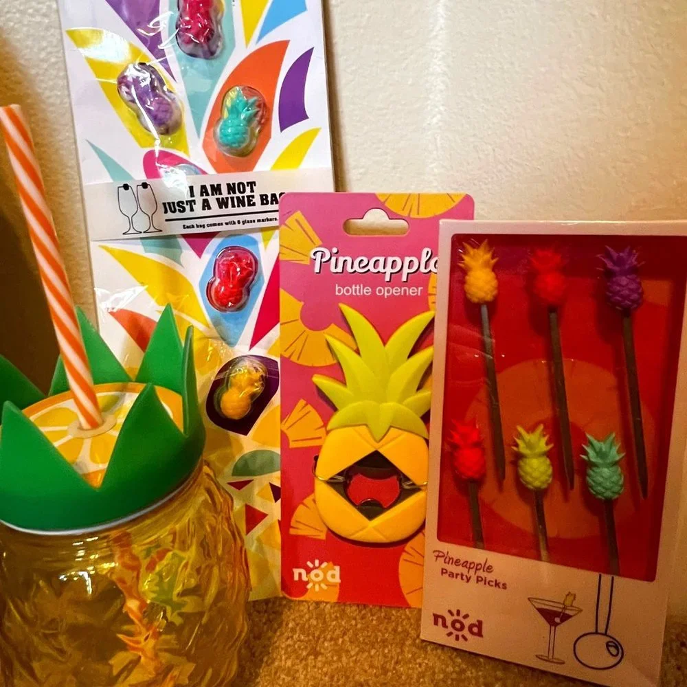 Pineapple party, bottle opener, wine markers, mason jar and wine gift bag-NWT